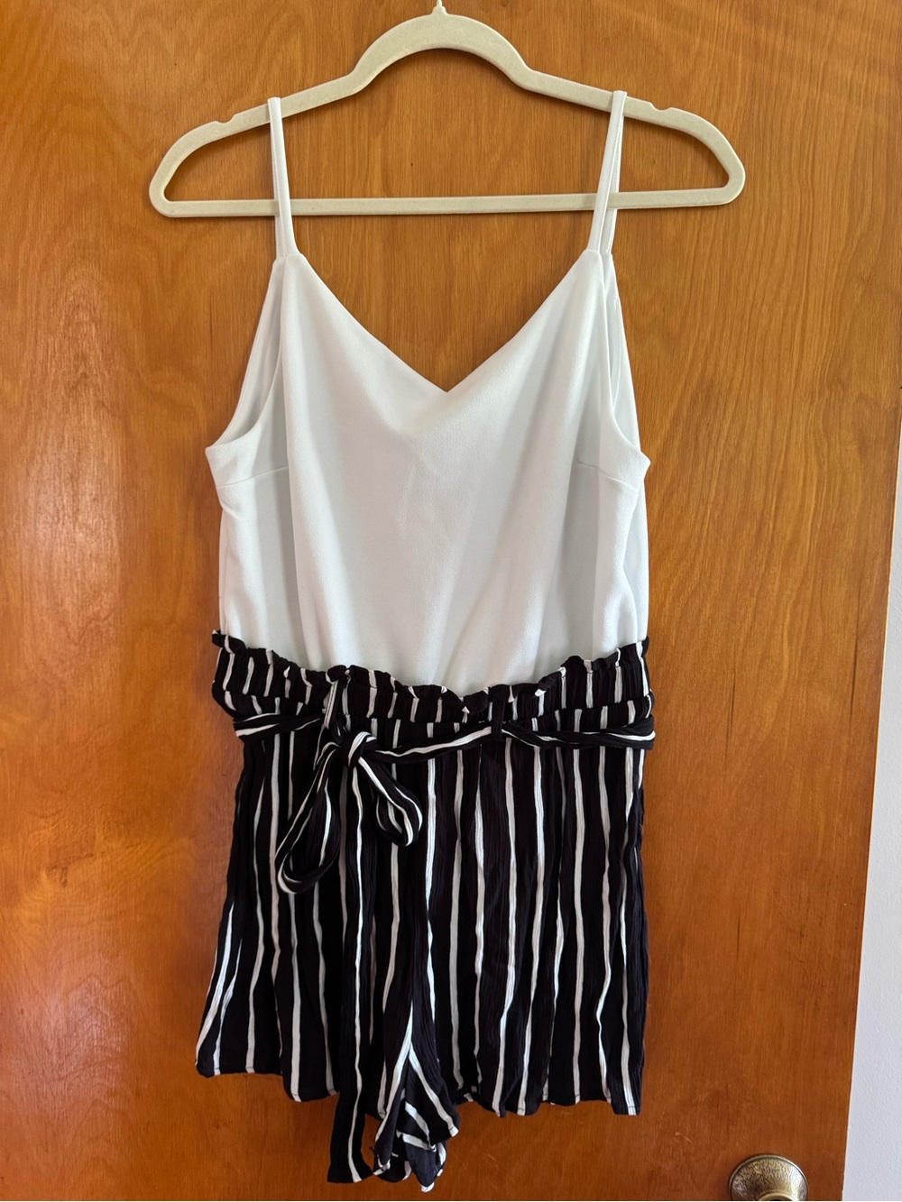 White V-Neck Spaghetti Strap Romper with Black & White Striped Shorts